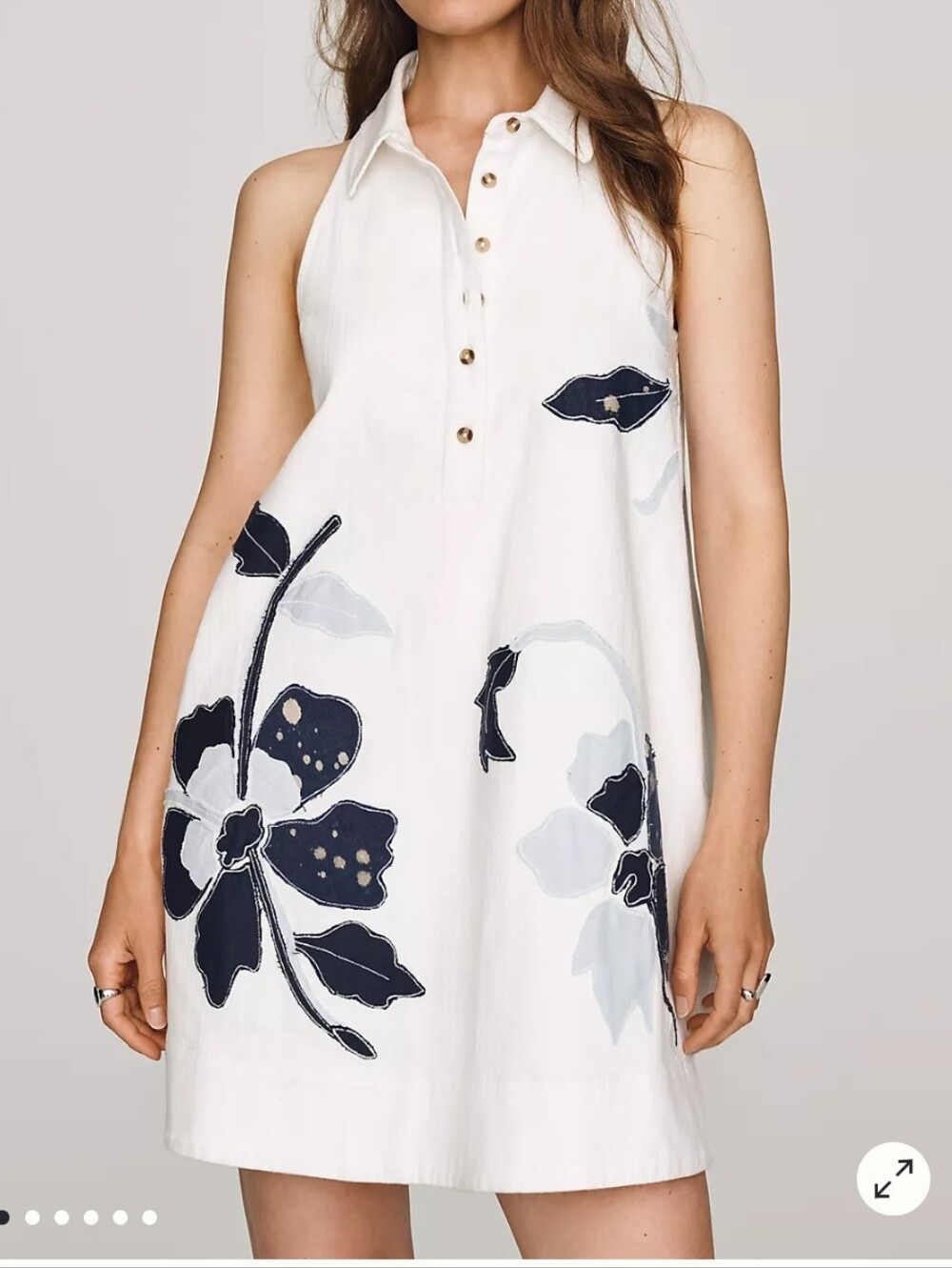 Maeve White Denim Sleeveless Floral Appliqué Shirt Dress M